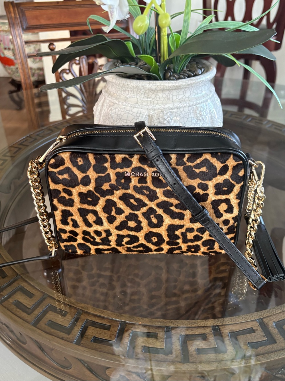 🖤🤎MICHAEL KORS GINNY CALF HAIR & LEATHER LEOPARD CAMERA CROSSBODY BAG!🤎🖤